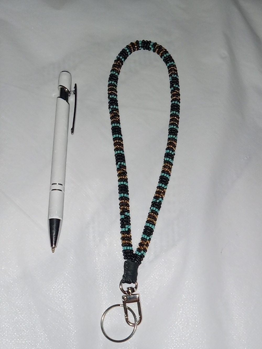 Beaded Lanyard Keychain - Turquoise, Black & Gold